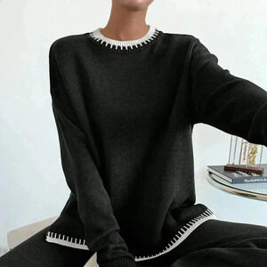 Multicolor Casual Women's Round Neck Drop Shoulder Sweater And Knitted Pants Set